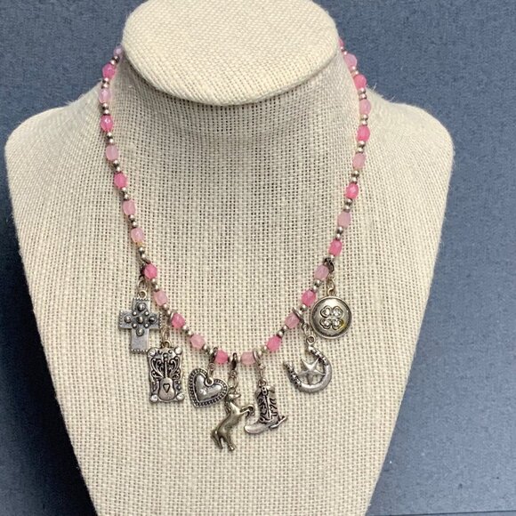 Western Bracelet Choker Necklace 14 In As Is Pink 7 Charms Cross Horse Boot BoHo - Picture 1 of 7